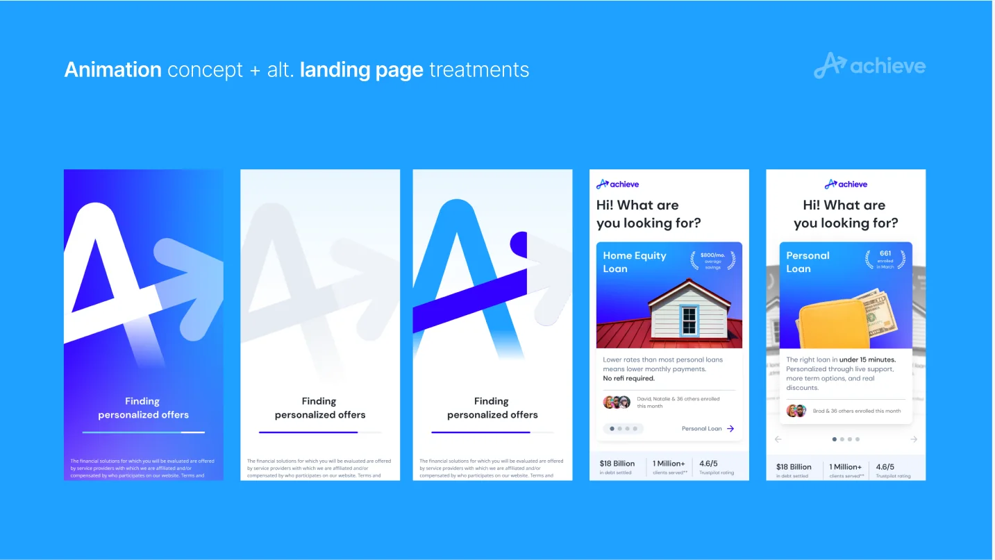 Animation concepts and alternative landing page treatments