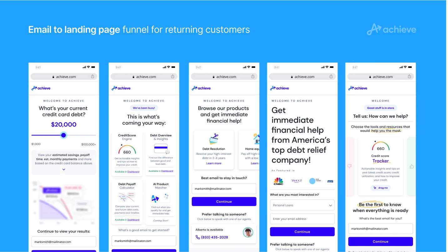 Email-to-landing-page funnel for returning customers