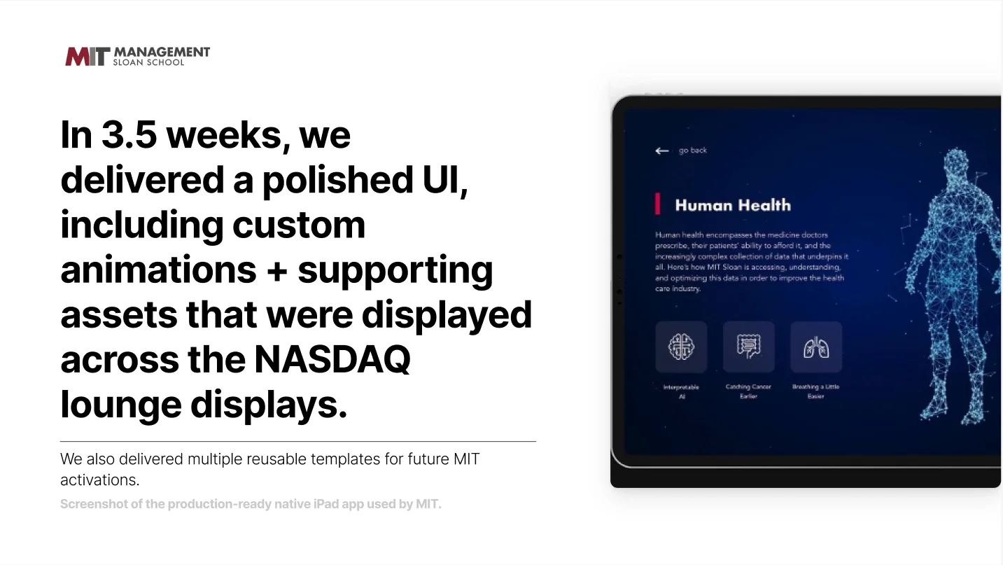 Polished UI with custom animations, displayed across the NASDAQ lounge