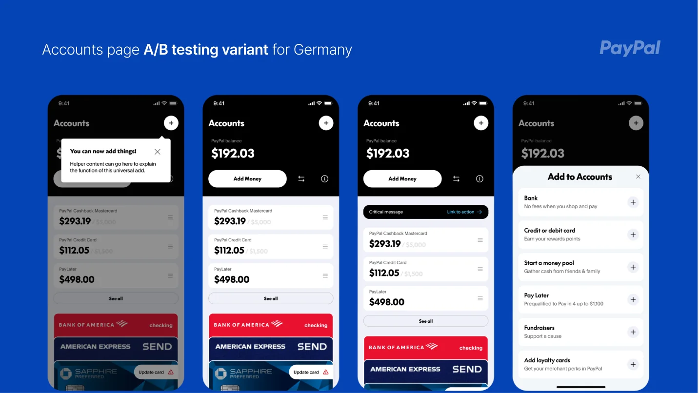 Accounts page A/B testing variants for Germany