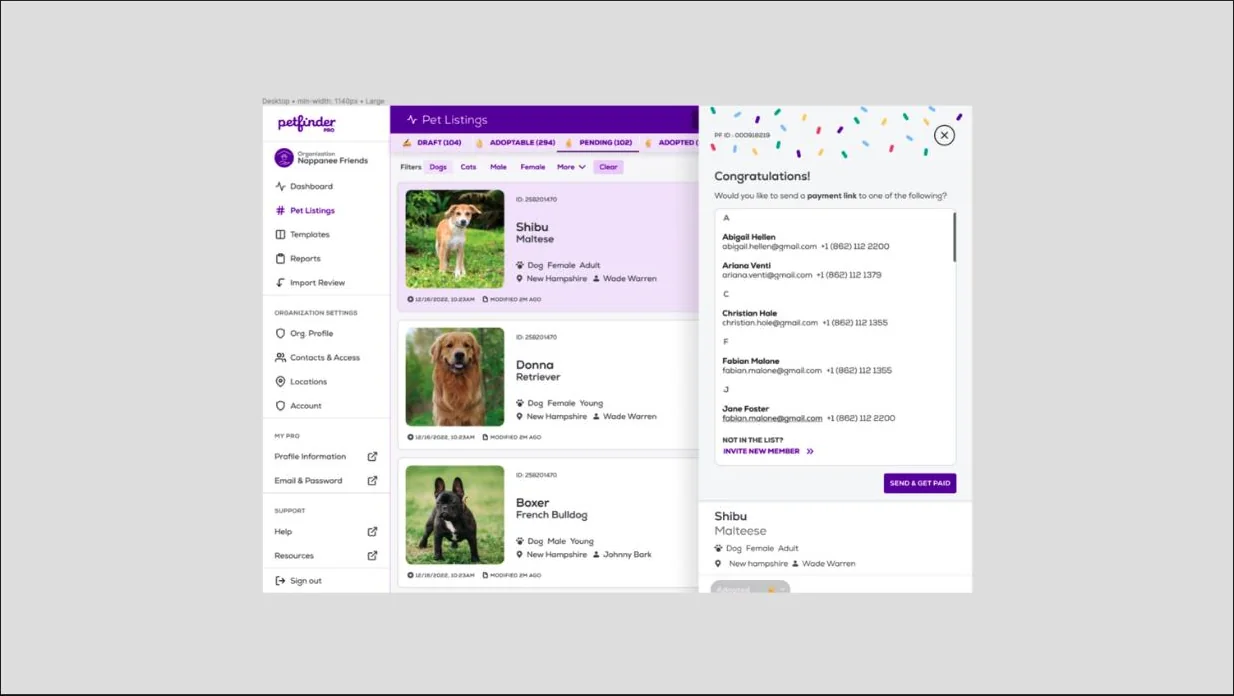 Petfinder pet listings and payment links