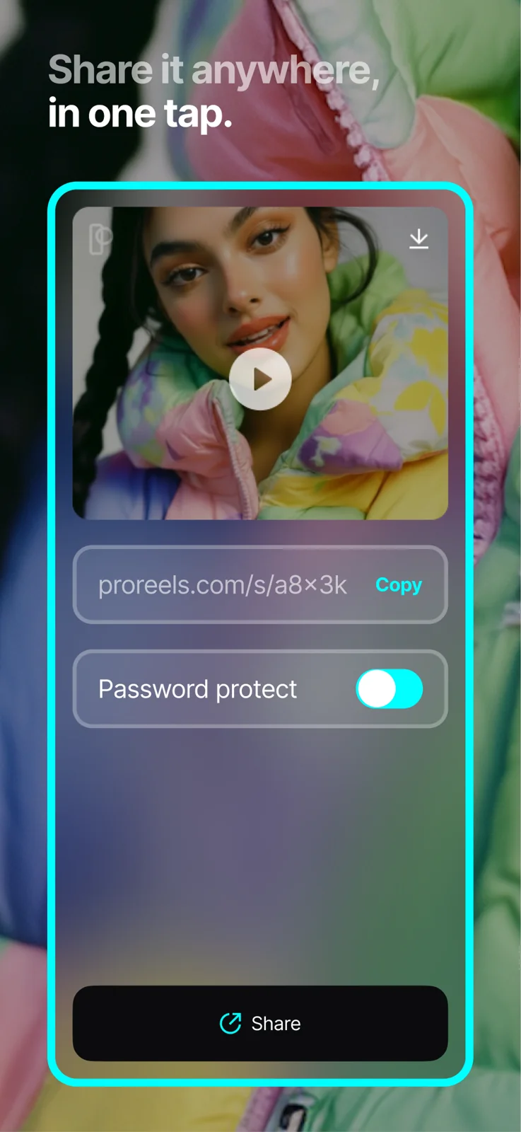 Share anywhere in one tap, with hosting and password protection