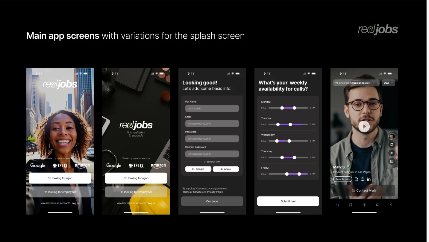 Main app screens with splash variations