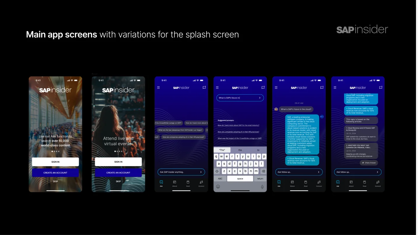 Main app screens with splash screen variations