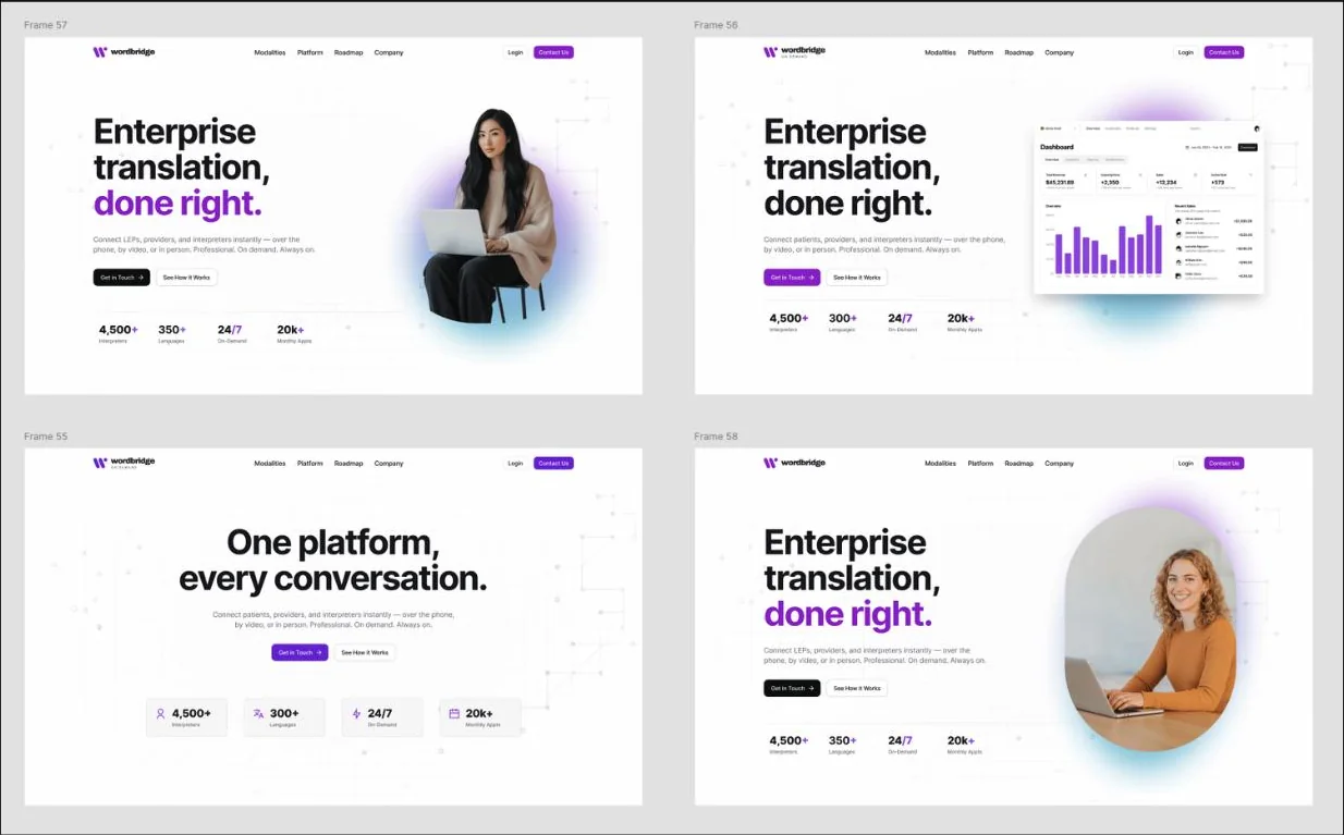 WordBridge landing page explorations